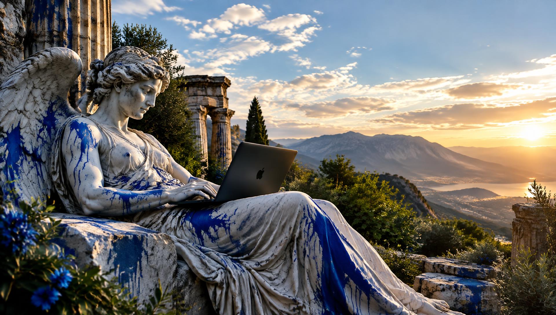 Marmorengel arbeitet am Laptop in antiken Ruinen